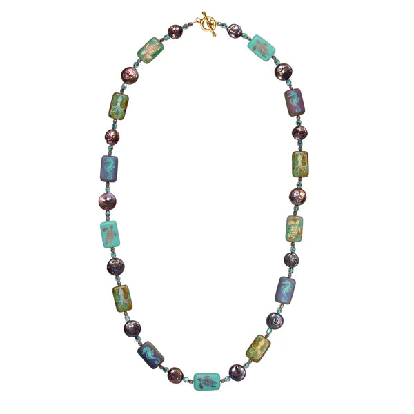 Coin Pearl with Glass Sea Life Rectangles Necklace.